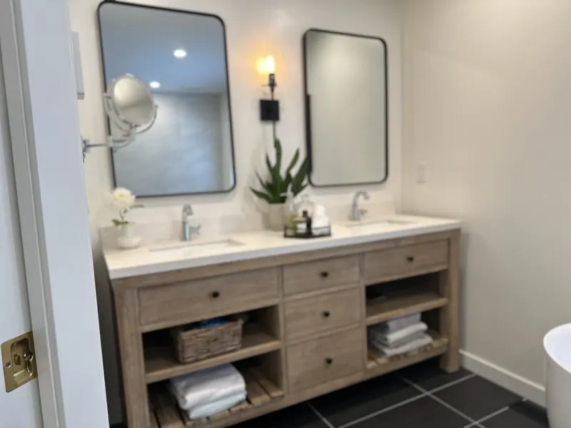 Dual basin oak vanity with twin mirrors and wall sconces